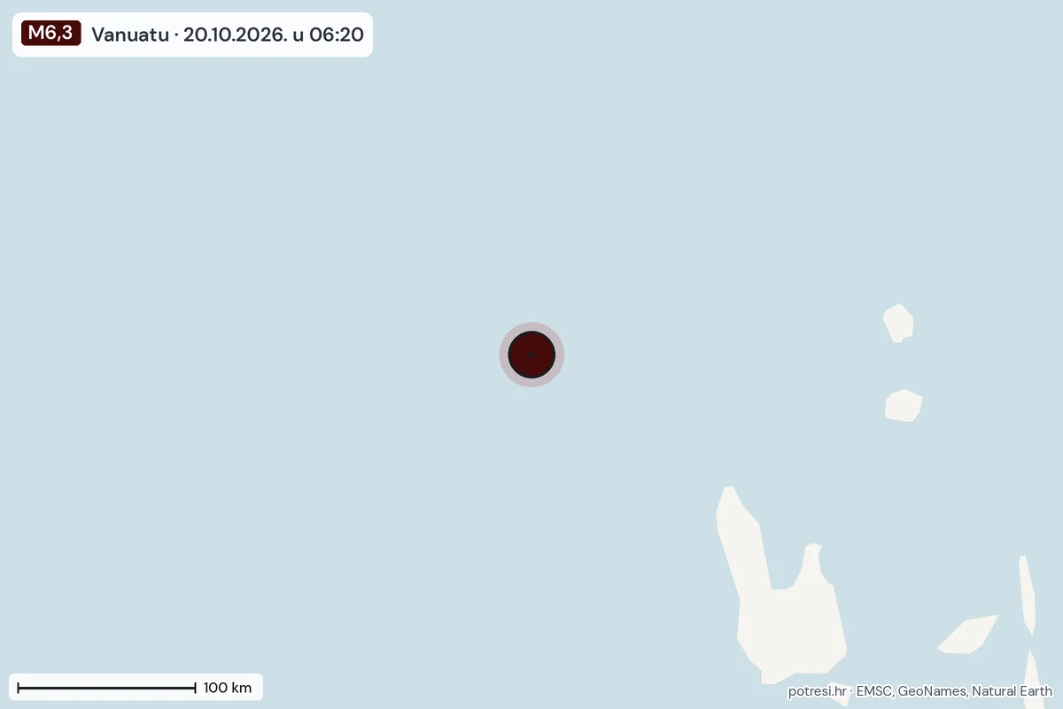 Karta: šire područje, 600 km, potres M6,3, Vanuatu, 20.10.2026.