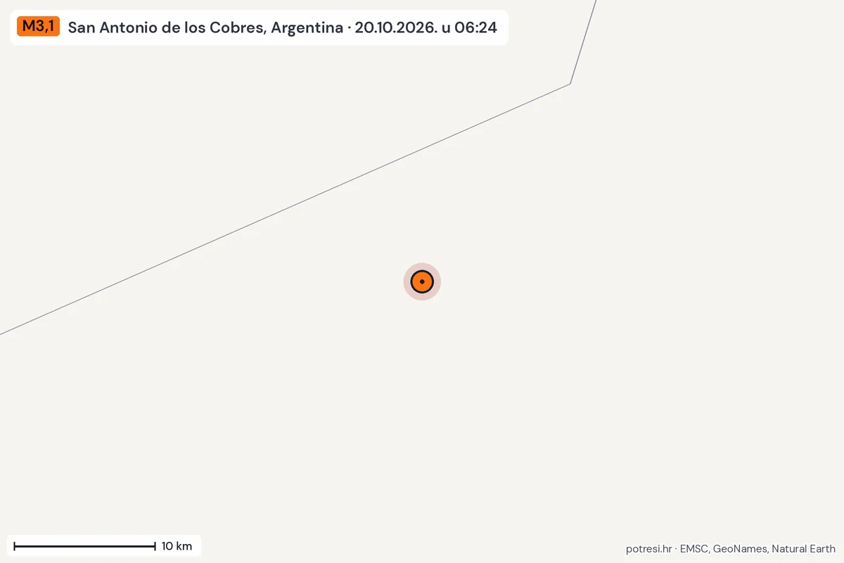 Karta: okolica epicentra, 60 km, potres M3,1, San Antonio de los Cobres, Argentina, 20.10.2026.