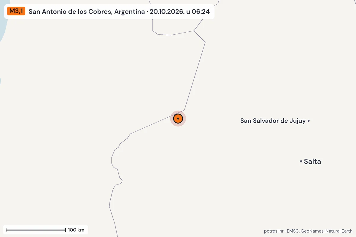 Karta: šire područje, 600 km, potres M3,1, San Antonio de los Cobres, Argentina, 20.10.2026.