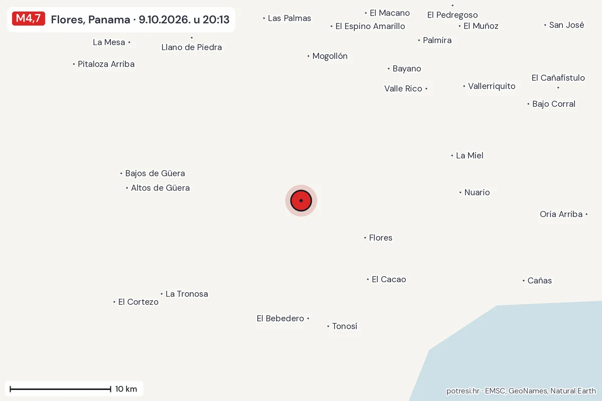 Karta: okolica epicentra, 60 km, potres M4,7, Flores, Panama, 9.10.2026.
