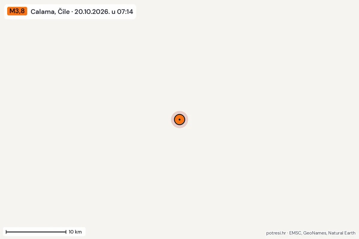Karta: okolica epicentra, 60 km, potres M3,8, Calama, Čile, 20.10.2026.