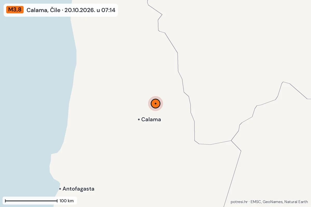 Karta: šire područje, 600 km, potres M3,8, Calama, Čile, 20.10.2026.