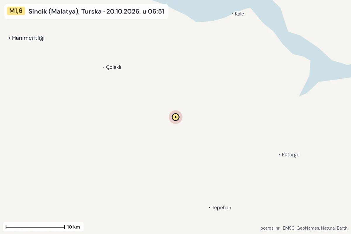 Karta: okolica epicentra, 60 km, potres M1,6, Sincik (Malatya), Turska, 20.10.2026.