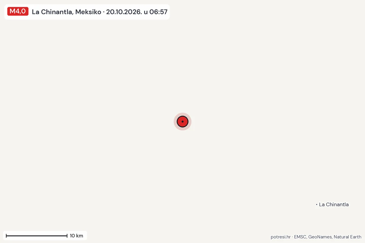 Karta: okolica epicentra, 60 km, potres M4,0, La Chinantla, Meksiko, 20.10.2026.