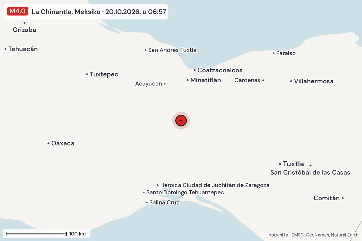 Karta: šire područje, 600 km, potres M4,0, La Chinantla, Meksiko, 20.10.2026.
