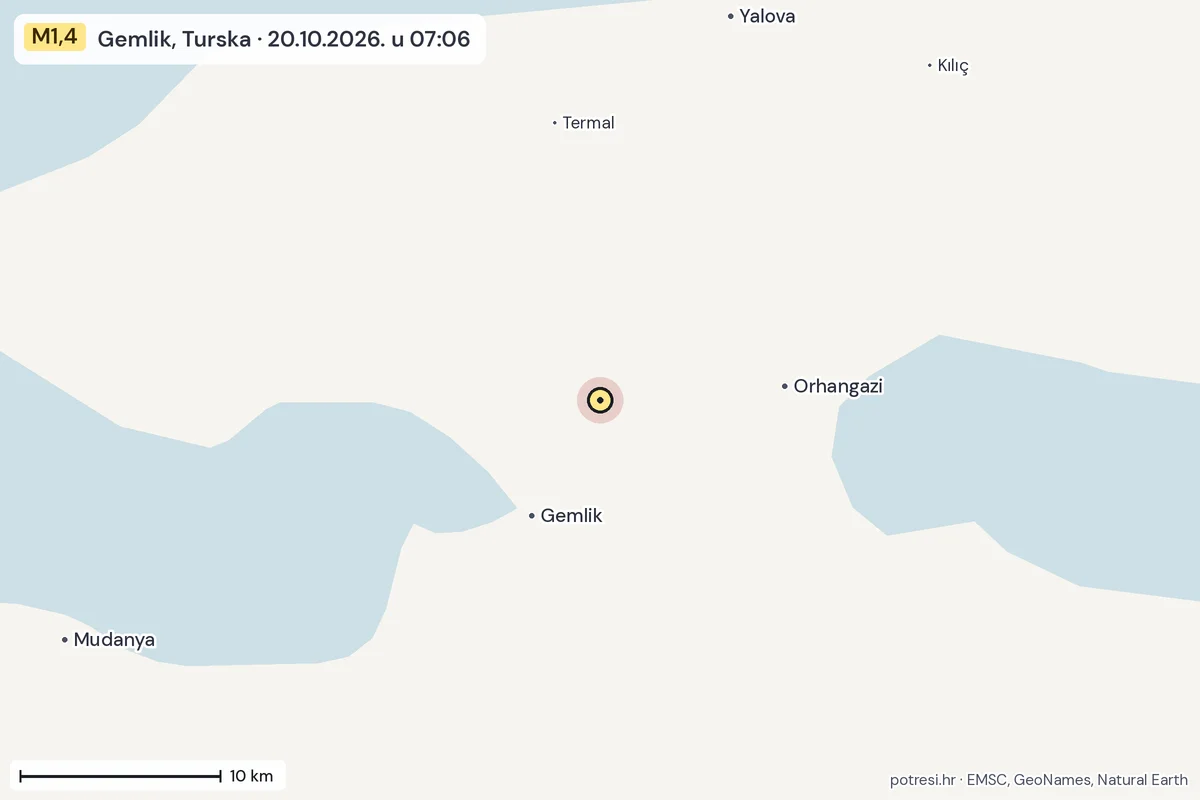 Karta: okolica epicentra, 60 km, potres M1,4, Gemlik, Turska, 20.10.2026.