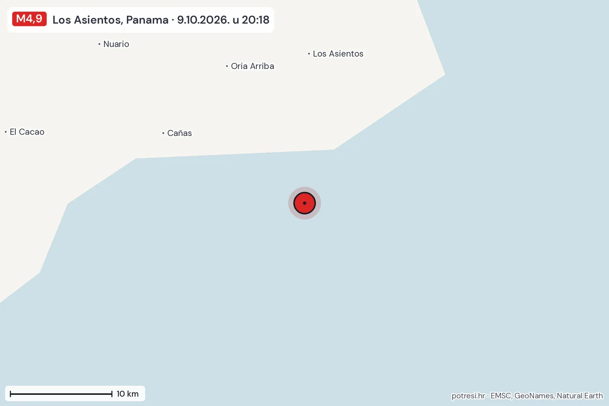 Karta: okolica epicentra, 60 km, potres M4,9, Los Asientos, Panama, 9.10.2026.