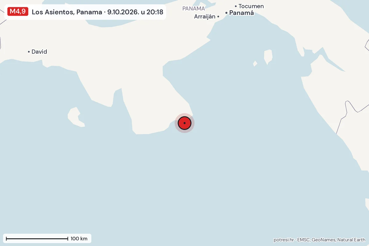 Karta: šire područje, 600 km, potres M4,9, Los Asientos, Panama, 9.10.2026.