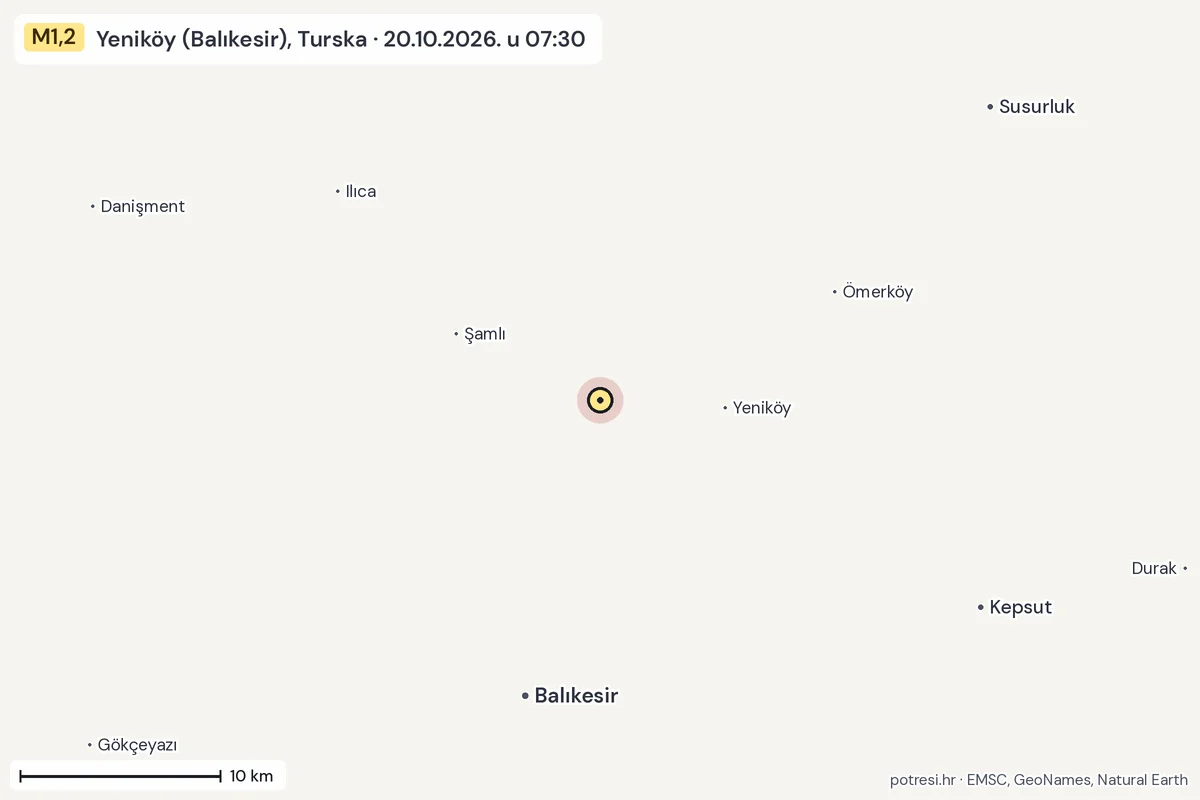 Karta: okolica epicentra, 60 km, potres M1,2, Yeniköy (Balıkesir), Turska, 20.10.2026.