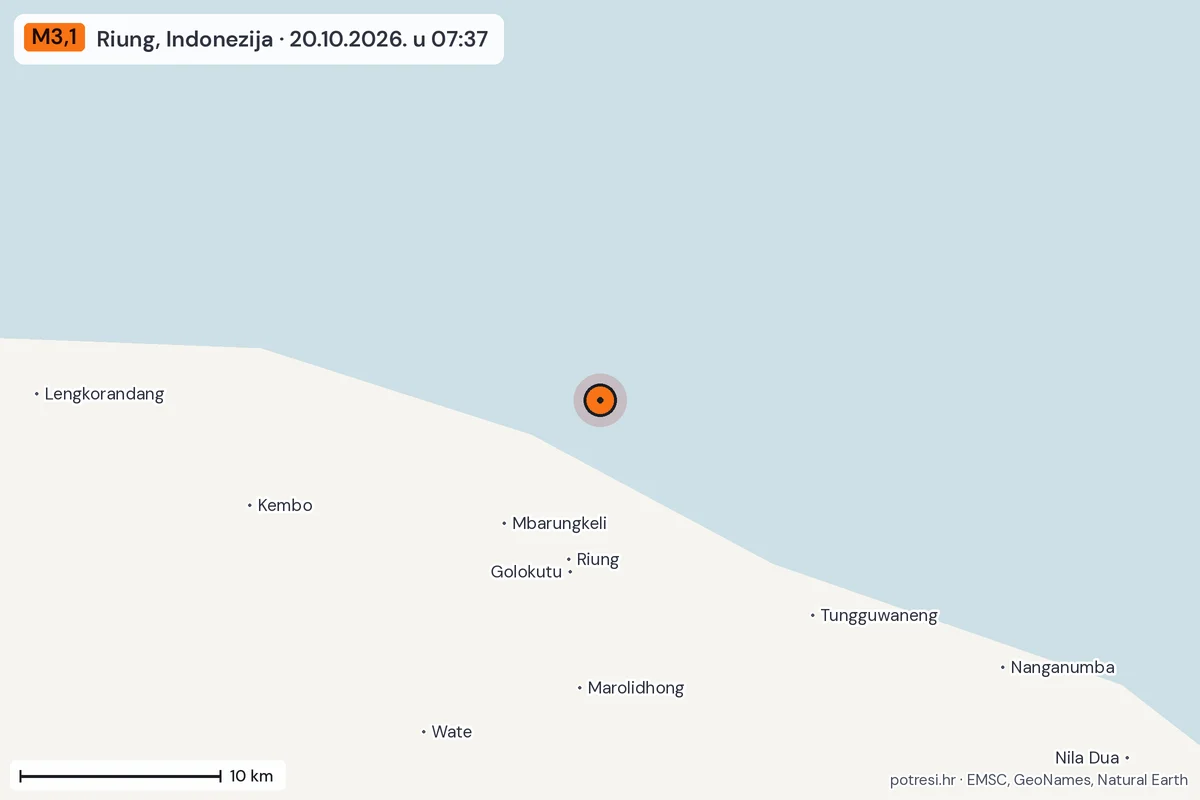 Karta: okolica epicentra, 60 km, potres M3,1, Riung, Indonezija, 20.10.2026.