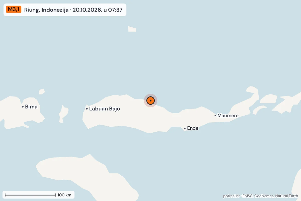 Karta: šire područje, 600 km, potres M3,1, Riung, Indonezija, 20.10.2026.