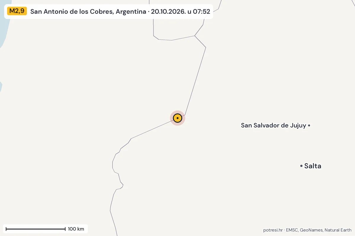 Karta: šire područje, 600 km, potres M2,9, San Antonio de los Cobres, Argentina, 20.10.2026.