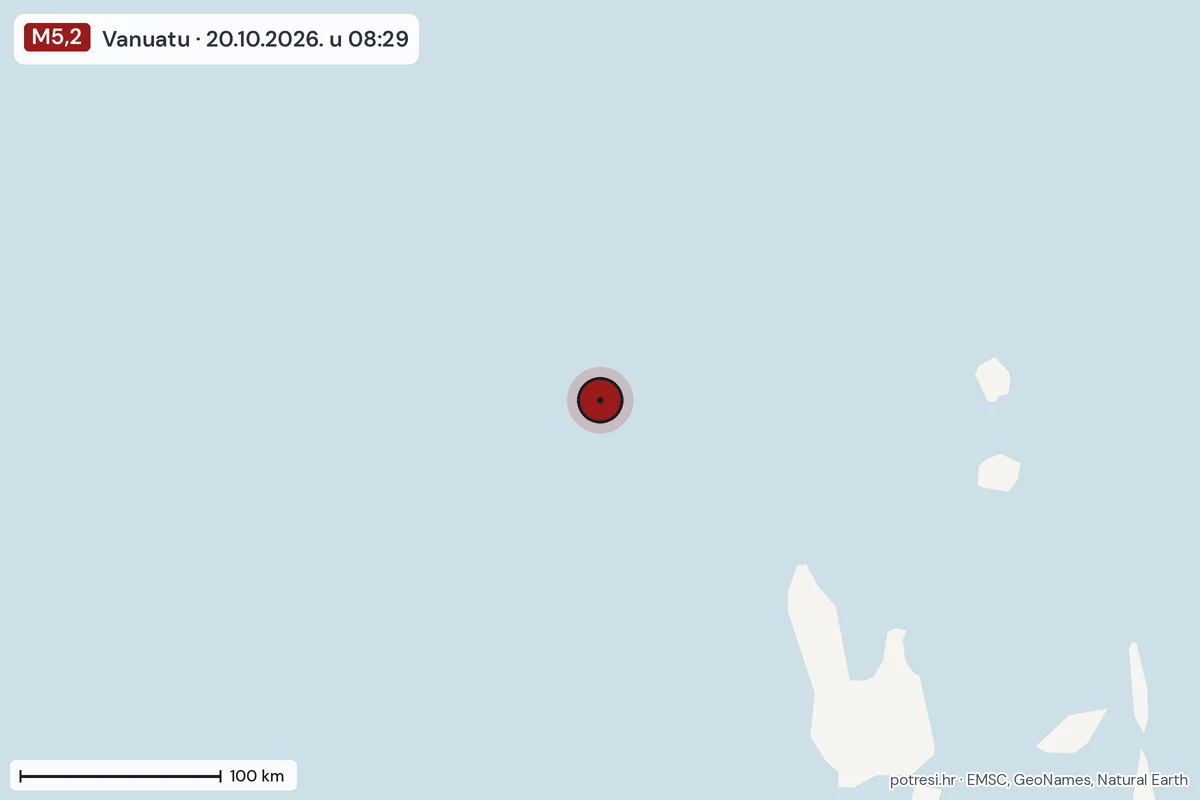 Karta: šire područje, 600 km, potres M5,2, Vanuatu, 20.10.2026.