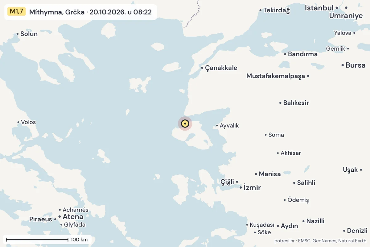 Karta: šire područje, 600 km, potres M1,7, Míthymna, Grčka, 20.10.2026.