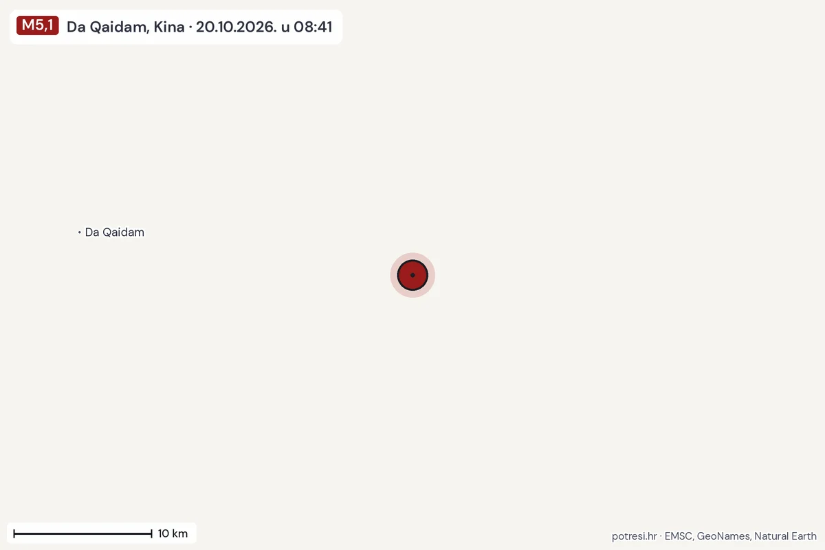 Karta: okolica epicentra, 60 km, potres M5,1, Da Qaidam, Kina, 20.10.2026.