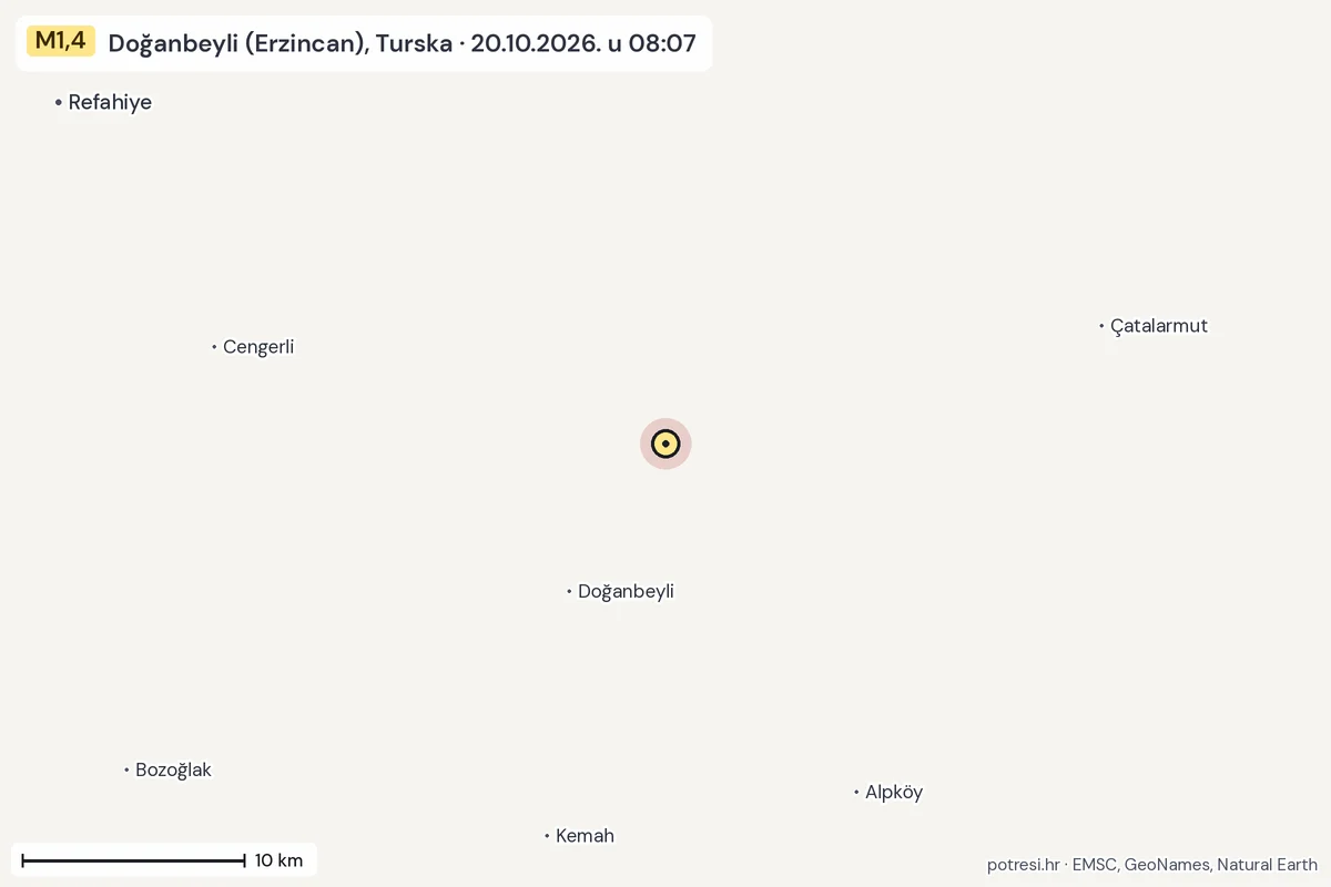 Karta: okolica epicentra, 60 km, potres M1,4, Doğanbeyli (Erzincan), Turska, 20.10.2026.