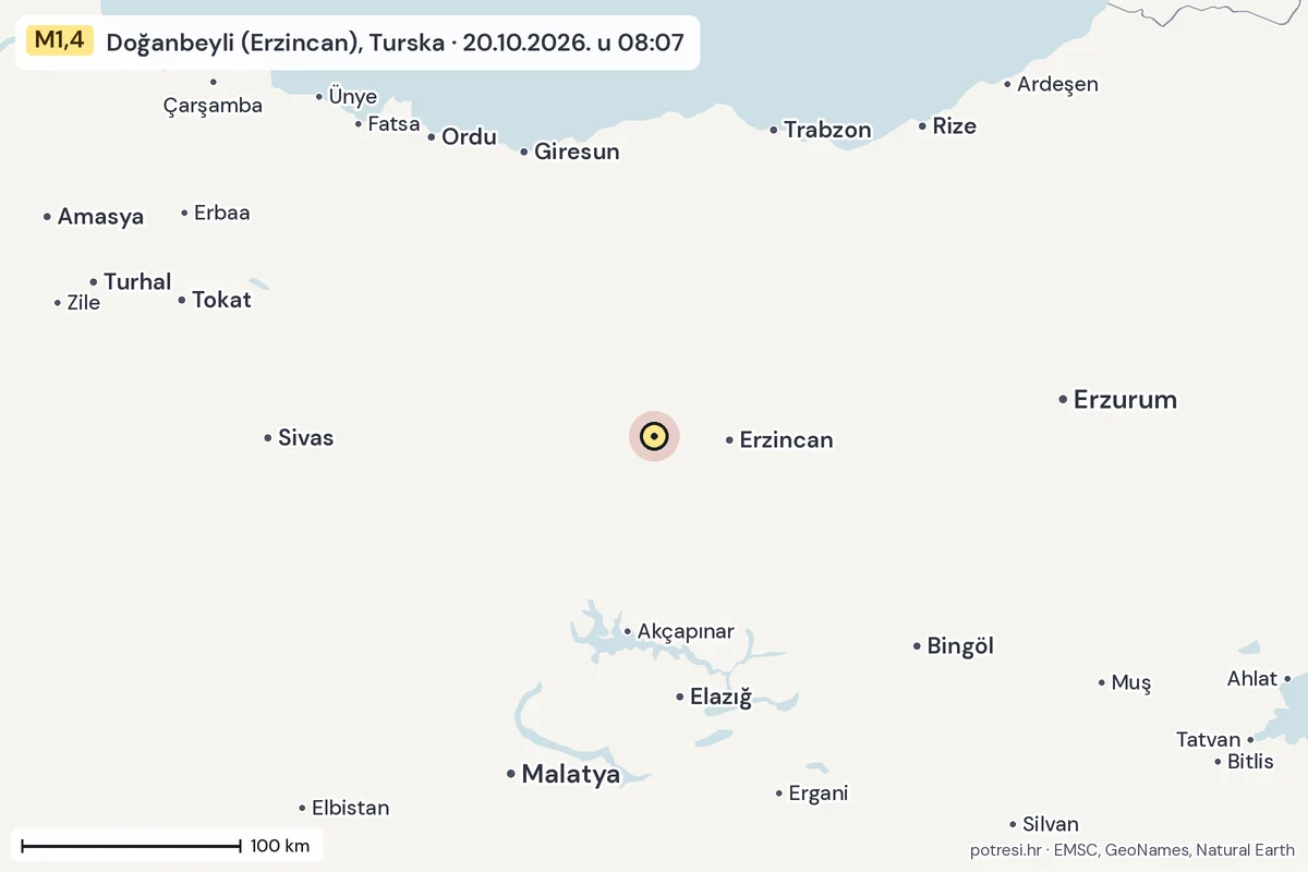Karta: šire područje, 600 km, potres M1,4, Doğanbeyli (Erzincan), Turska, 20.10.2026.