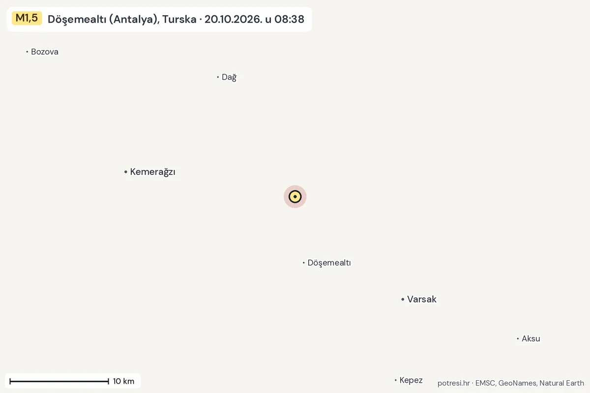 Karta: okolica epicentra, 60 km, potres M1,5, Döşemealtı (Antalya), Turska, 20.10.2026.