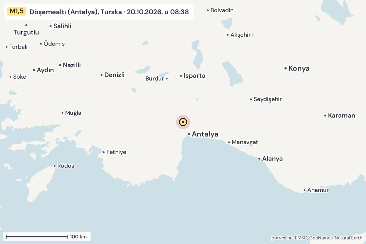 Karta: šire područje, 600 km, potres M1,5, Döşemealtı (Antalya), Turska, 20.10.2026.