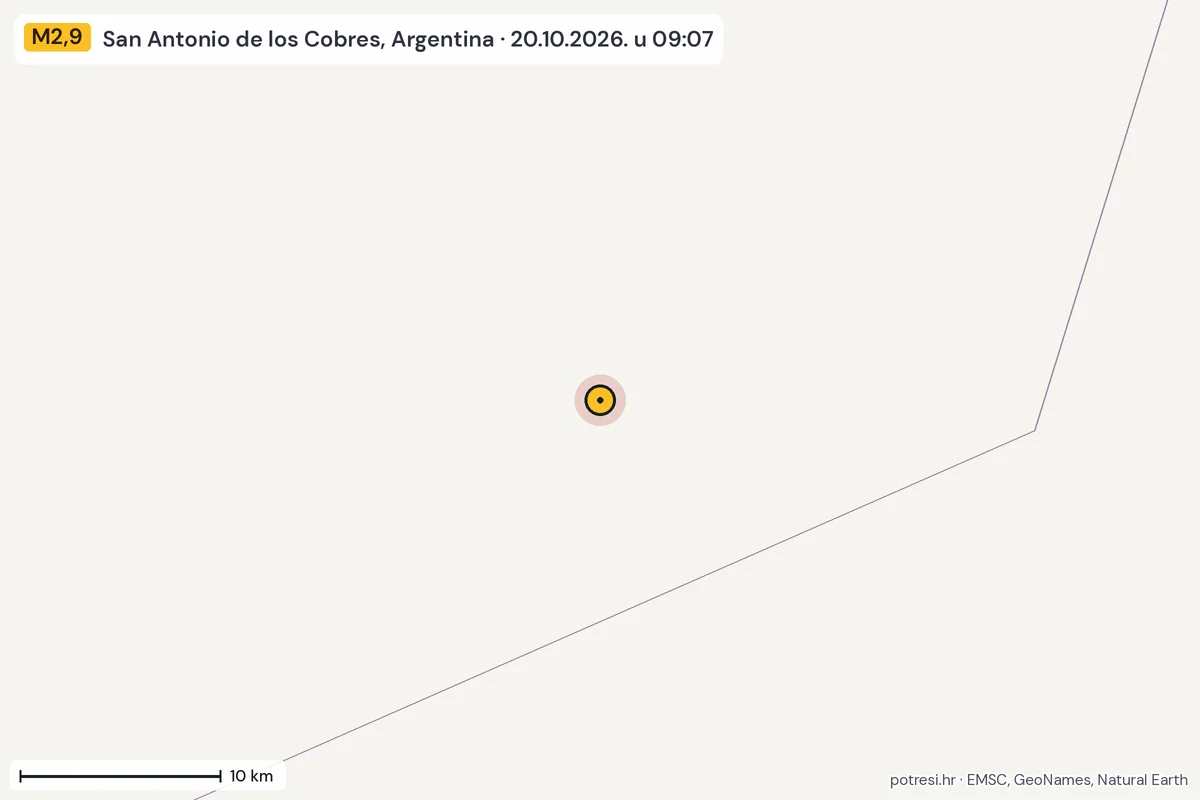 Karta: okolica epicentra, 60 km, potres M2,9, San Antonio de los Cobres, Argentina, 20.10.2026.