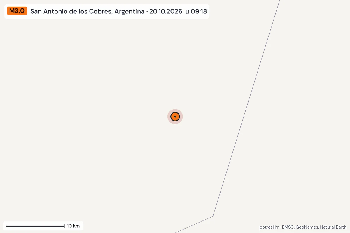 Karta: okolica epicentra, 60 km, potres M3,0, San Antonio de los Cobres, Argentina, 20.10.2026.