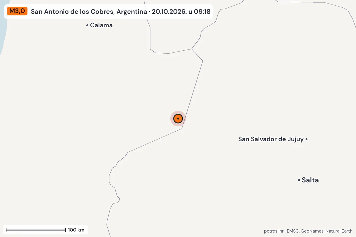 Karta: šire područje, 600 km, potres M3,0, San Antonio de los Cobres, Argentina, 20.10.2026.