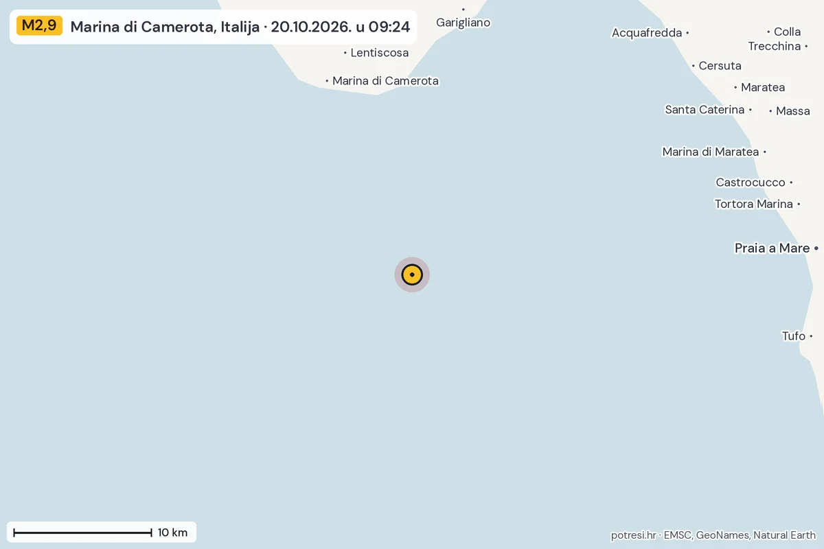 Karta: okolica epicentra, 60 km, potres M2,9, Marina di Camerota, Italija, 20.10.2026.