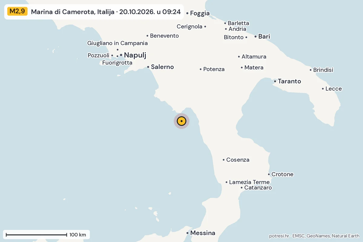 Karta: šire područje, 600 km, potres M2,9, Marina di Camerota, Italija, 20.10.2026.