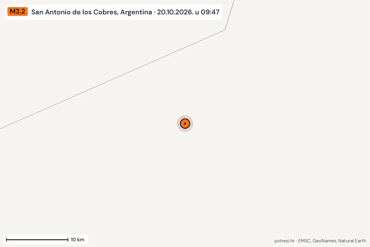 Karta: okolica epicentra, 60 km, potres M3,2, San Antonio de los Cobres, Argentina, 20.10.2026.
