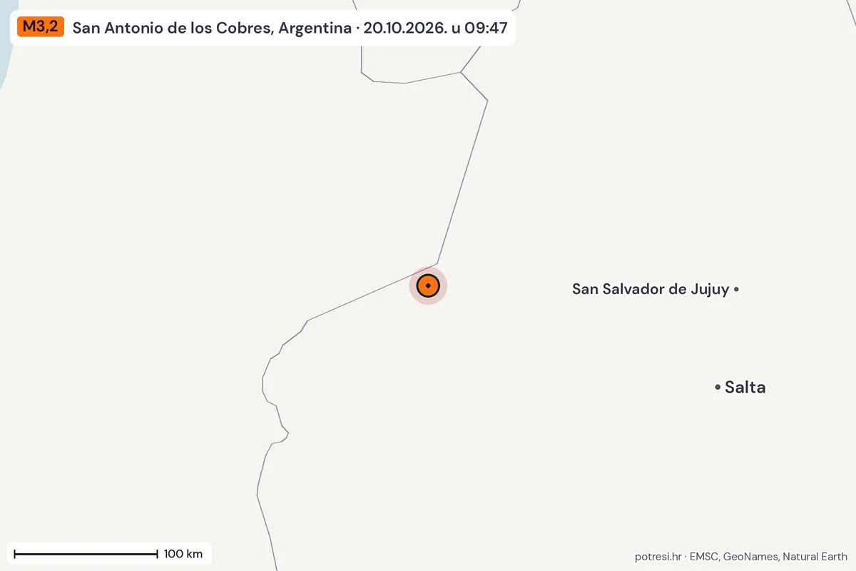 Karta: šire područje, 600 km, potres M3,2, San Antonio de los Cobres, Argentina, 20.10.2026.