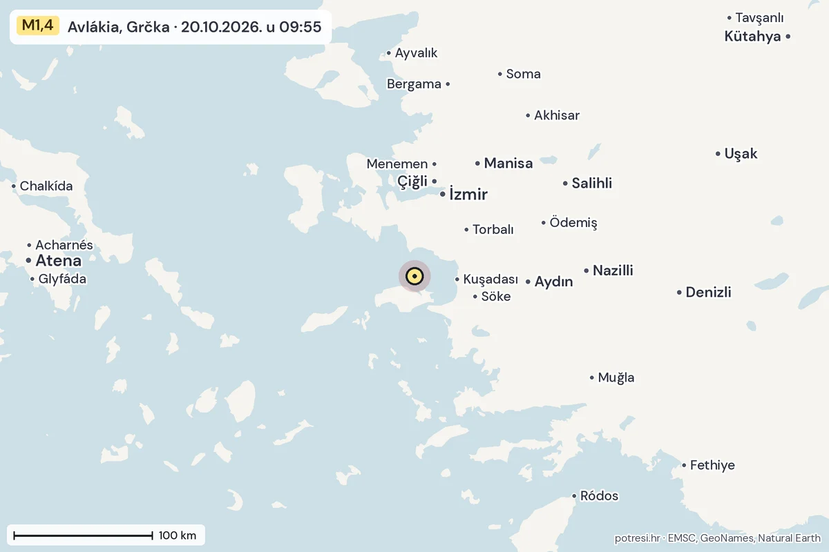 Karta: šire područje, 600 km, potres M1,4, Avlákia, Grčka, 20.10.2026.