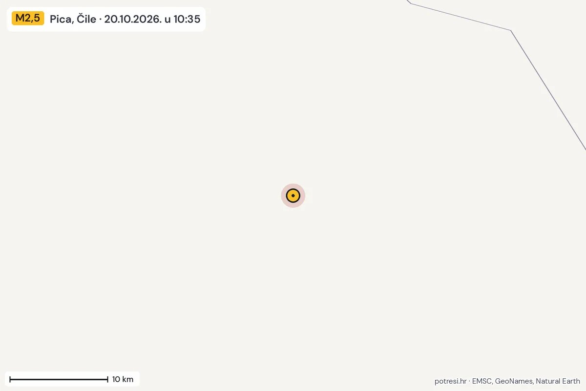 Karta: okolica epicentra, 60 km, potres M2,5, Pica, Čile, 20.10.2026.