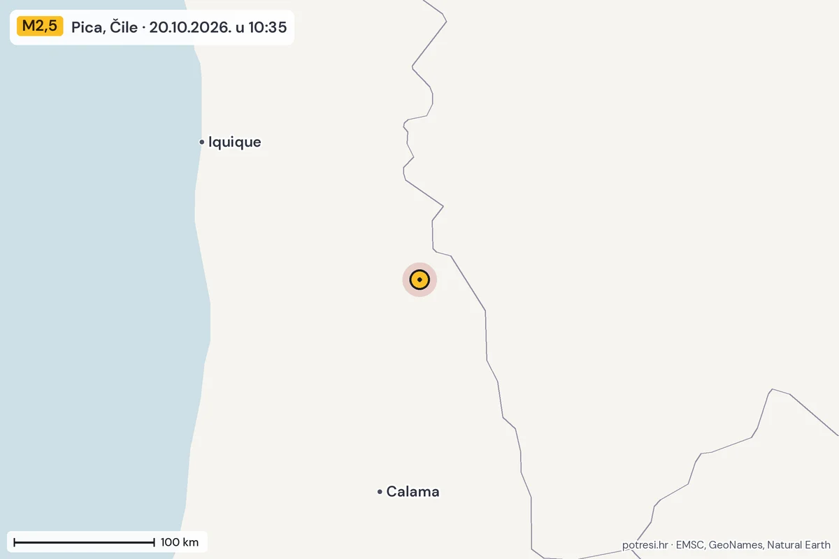Karta: šire područje, 600 km, potres M2,5, Pica, Čile, 20.10.2026.