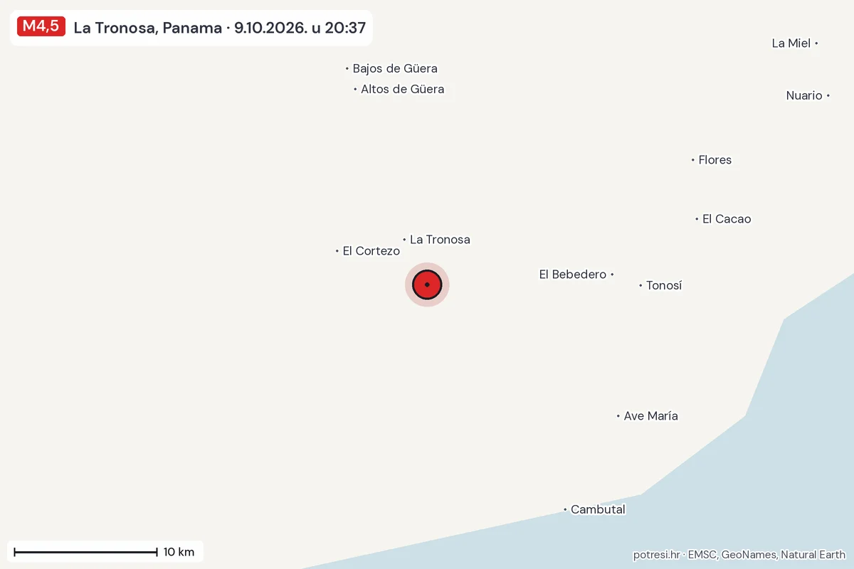 Karta: okolica epicentra, 60 km, potres M4,5, La Tronosa, Panama, 9.10.2026.