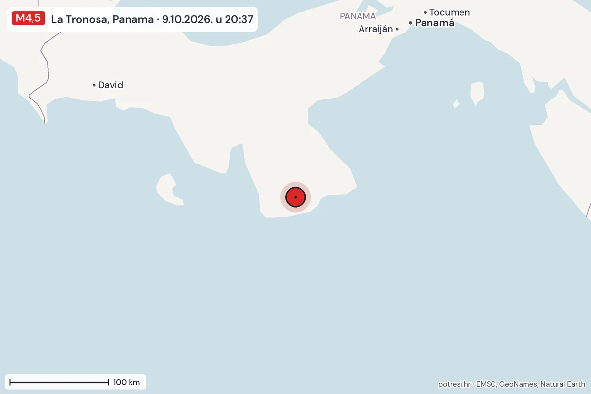 Karta: šire područje, 600 km, potres M4,5, La Tronosa, Panama, 9.10.2026.
