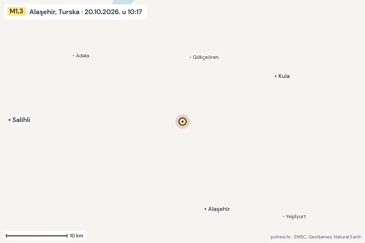 Karta: okolica epicentra, 60 km, potres M1,3, Alaşehir, Turska, 20.10.2026.