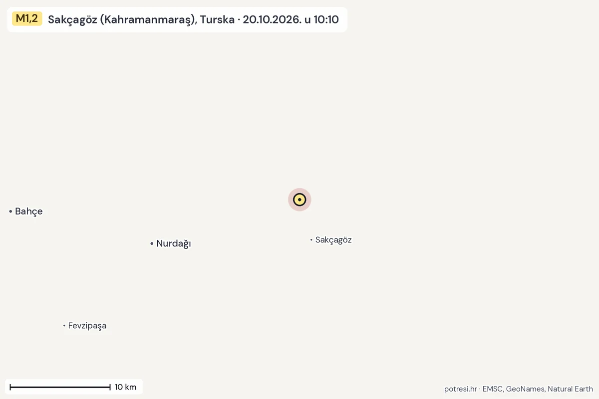 Karta: okolica epicentra, 60 km, potres M1,2, Sakçagöz (Kahramanmaraş), Turska, 20.10.2026.