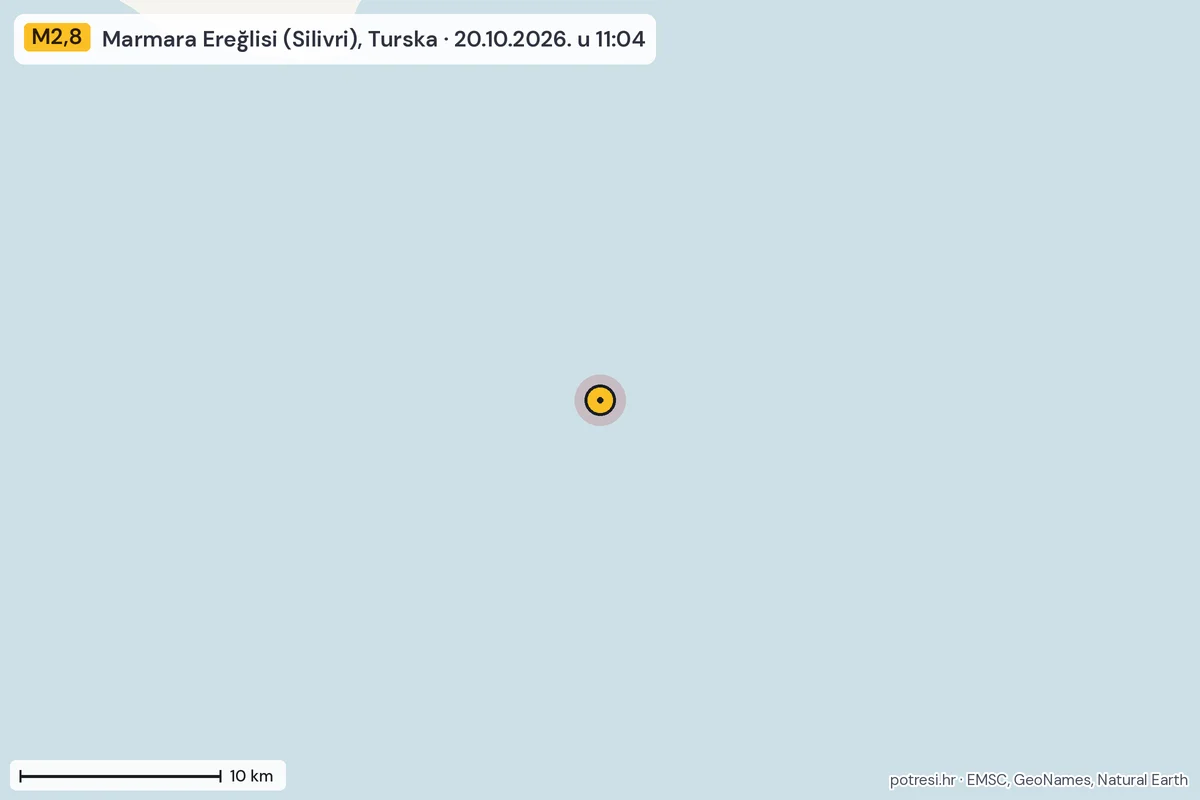 Karta: okolica epicentra, 60 km, potres M2,8, Marmara Ereğlisi (Silivri), Turska, 20.10.2026.