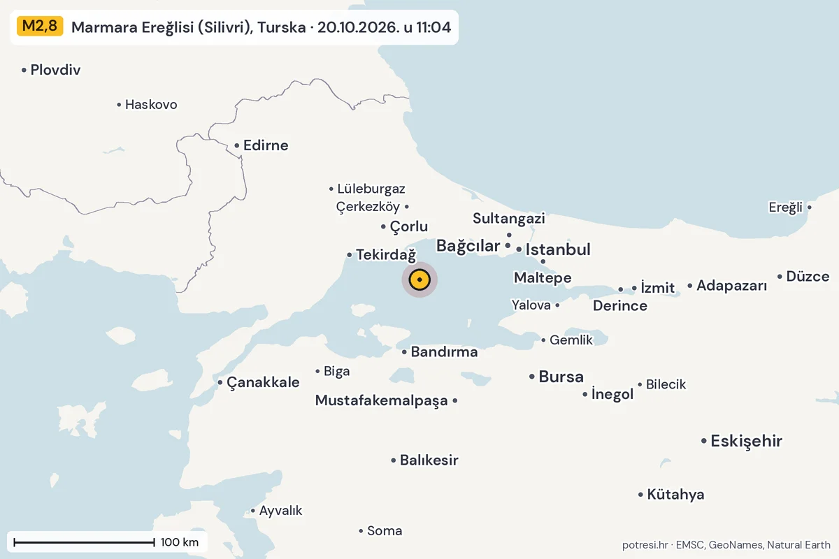 Karta: šire područje, 600 km, potres M2,8, Marmara Ereğlisi (Silivri), Turska, 20.10.2026.