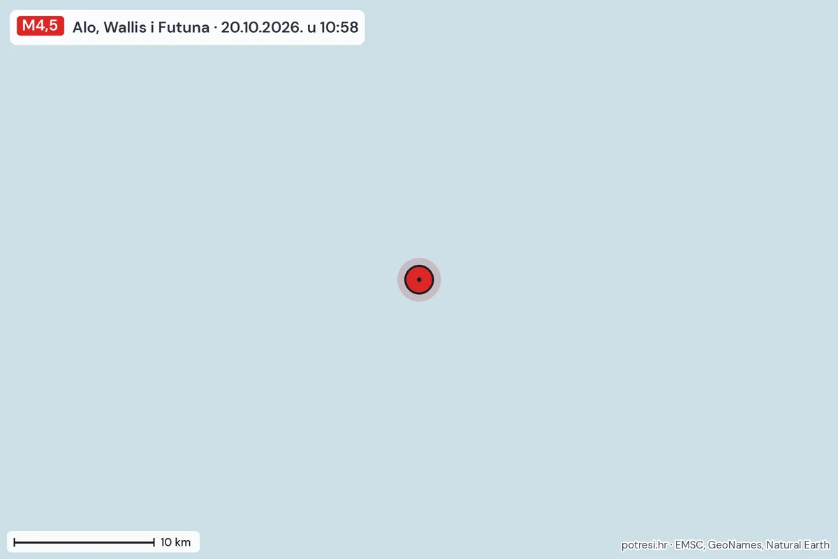 Karta: okolica epicentra, 60 km, potres M4,5, Alo, Wallis i Futuna, 20.10.2026.