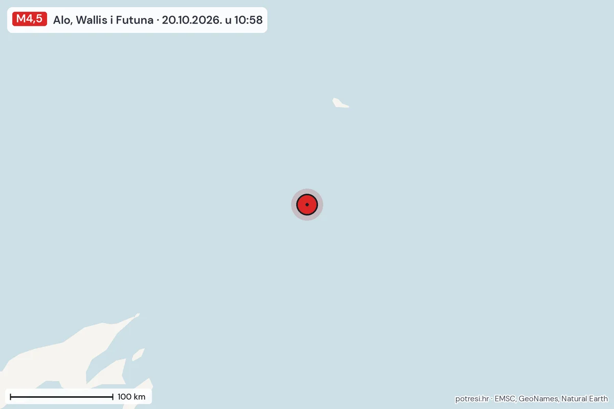 Karta: šire područje, 600 km, potres M4,5, Alo, Wallis i Futuna, 20.10.2026.