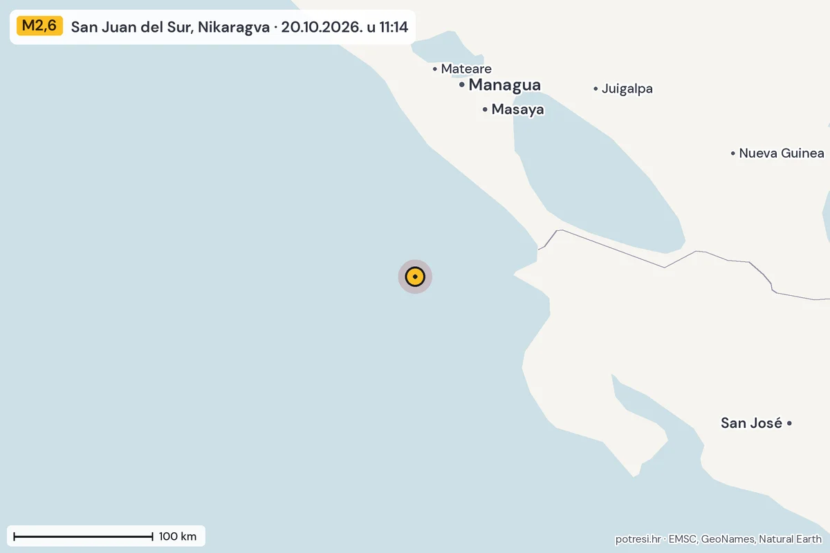 Karta: šire područje, 600 km, potres M2,6, San Juan del Sur, Nikaragva, 20.10.2026.