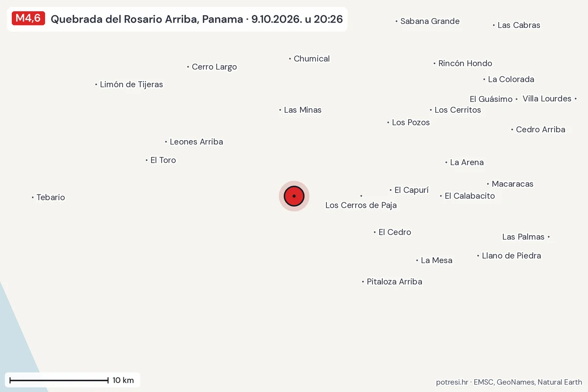 Karta: okolica epicentra, 60 km, potres M4,6, Quebrada del Rosario Arriba, Panama, 9.10.2026.