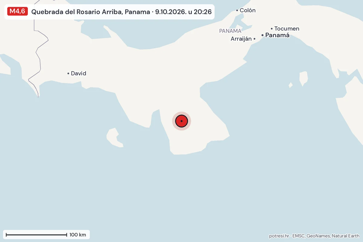 Karta: šire područje, 600 km, potres M4,6, Quebrada del Rosario Arriba, Panama, 9.10.2026.