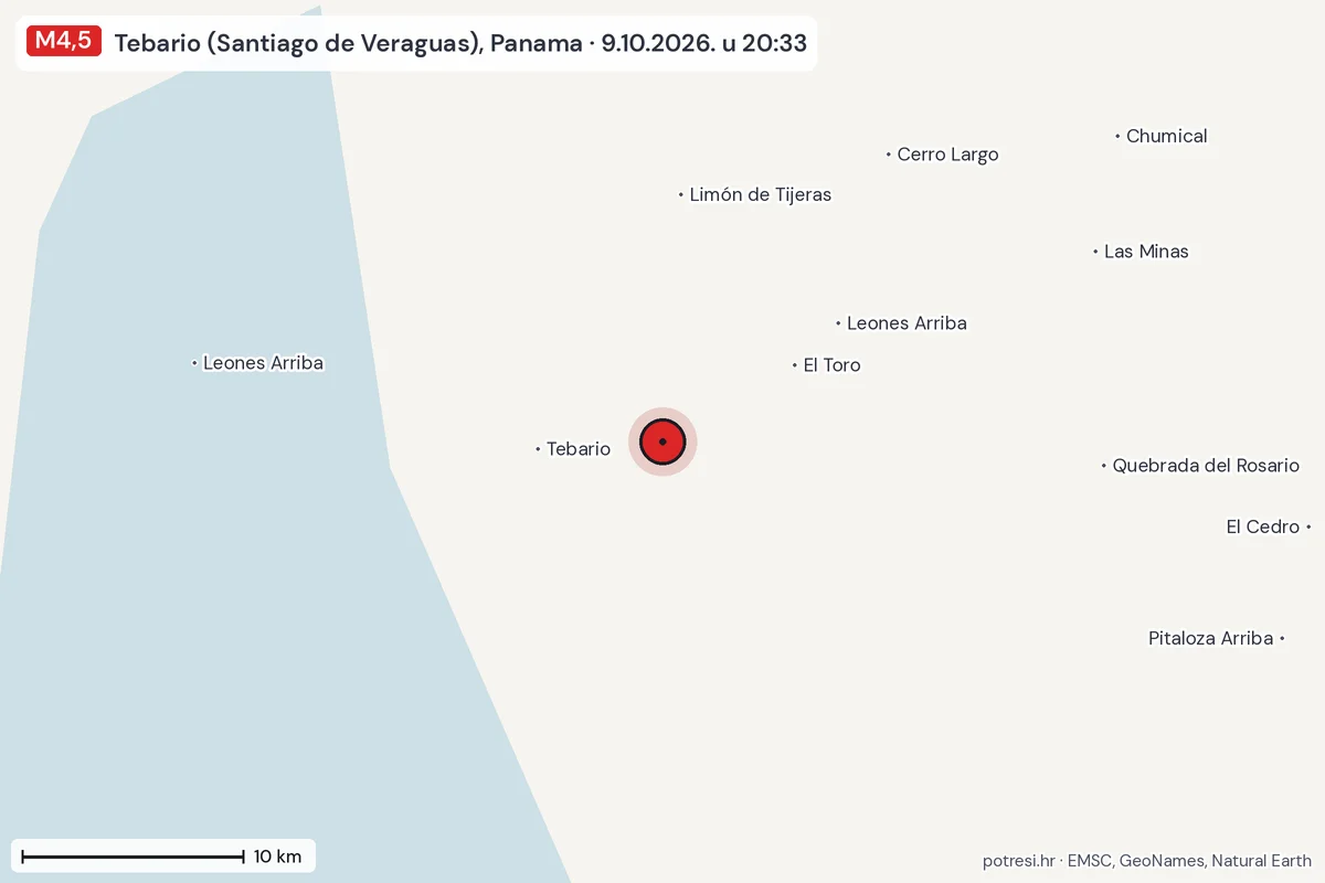 Karta: okolica epicentra, 60 km, potres M4,5, Tebario (Santiago de Veraguas), Panama, 9.10.2026.