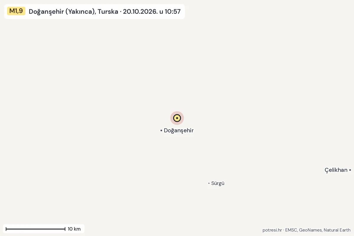 Karta: okolica epicentra, 60 km, potres M1,9, Doğanşehir (Yakınca), Turska, 20.10.2026.