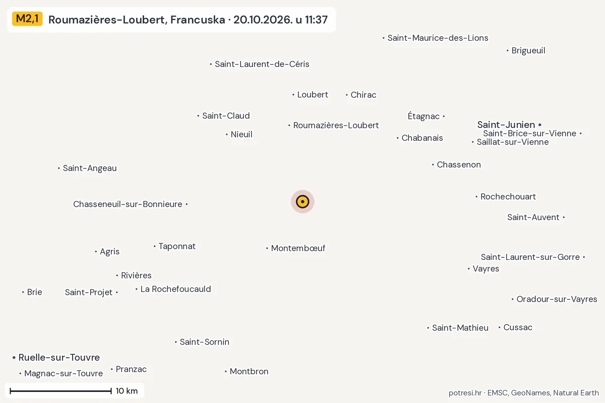 Karta: okolica epicentra, 60 km, potres M2,1, Roumazières-Loubert, Francuska, 20.10.2026.