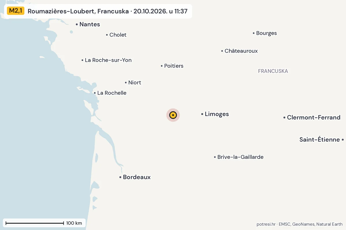 Karta: šire područje, 600 km, potres M2,1, Roumazières-Loubert, Francuska, 20.10.2026.
