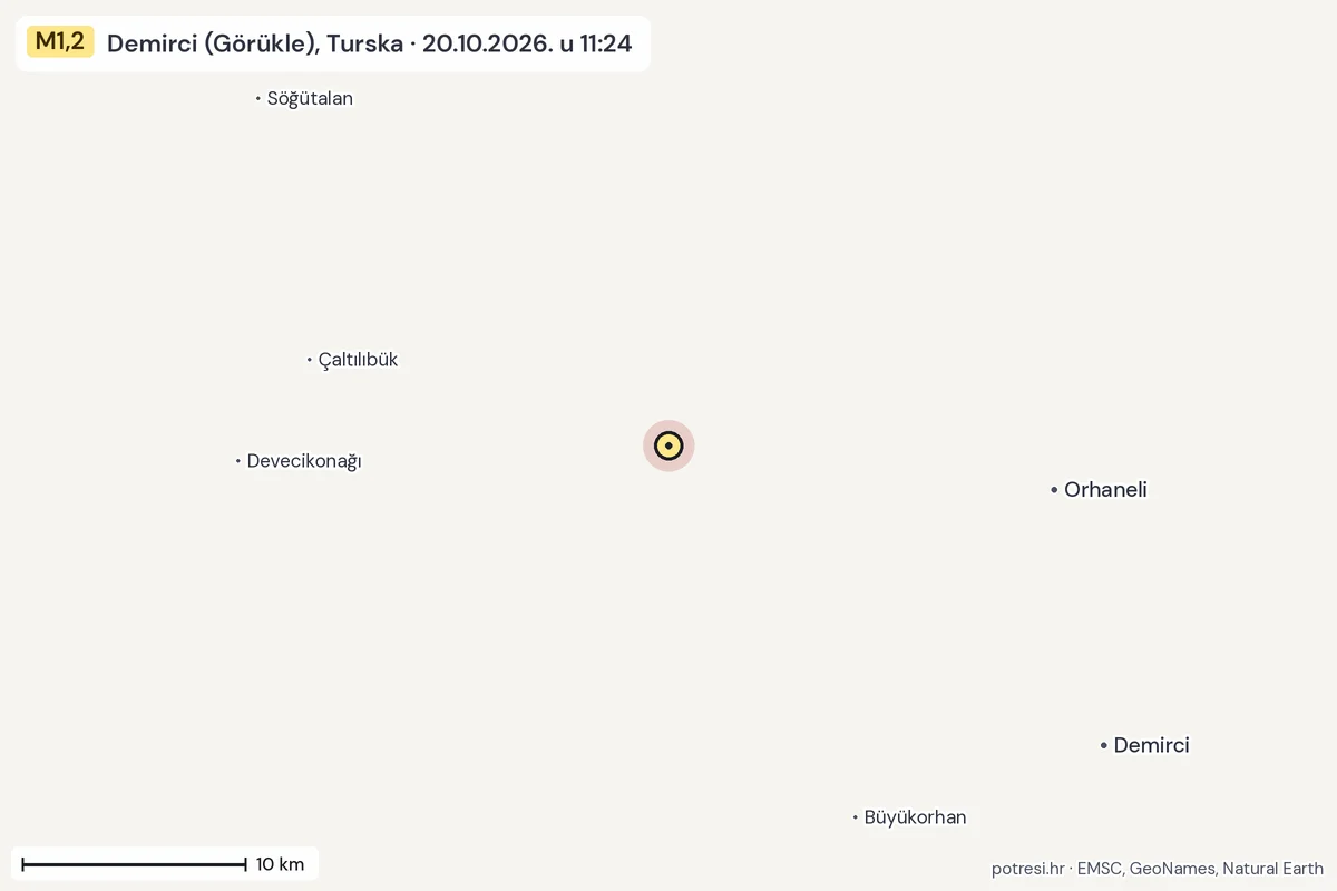 Karta: okolica epicentra, 60 km, potres M1,2, Demirci (Görükle), Turska, 20.10.2026.
