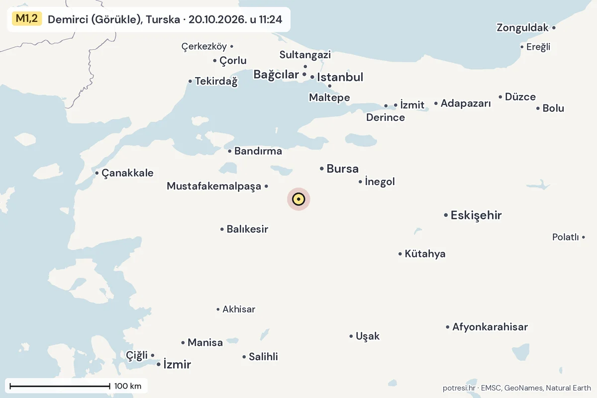 Karta: šire područje, 600 km, potres M1,2, Demirci (Görükle), Turska, 20.10.2026.